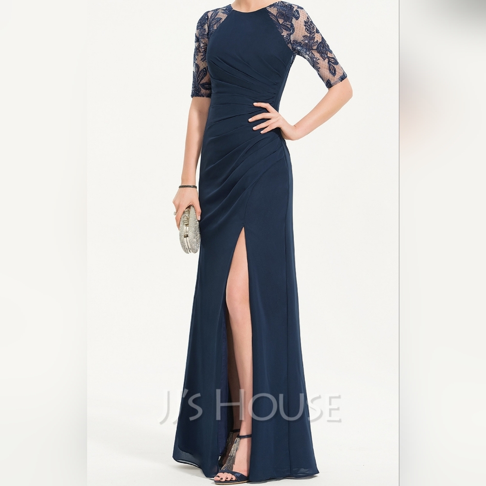 Floor length, split front, sequin sleeves, chiffon evening dress
